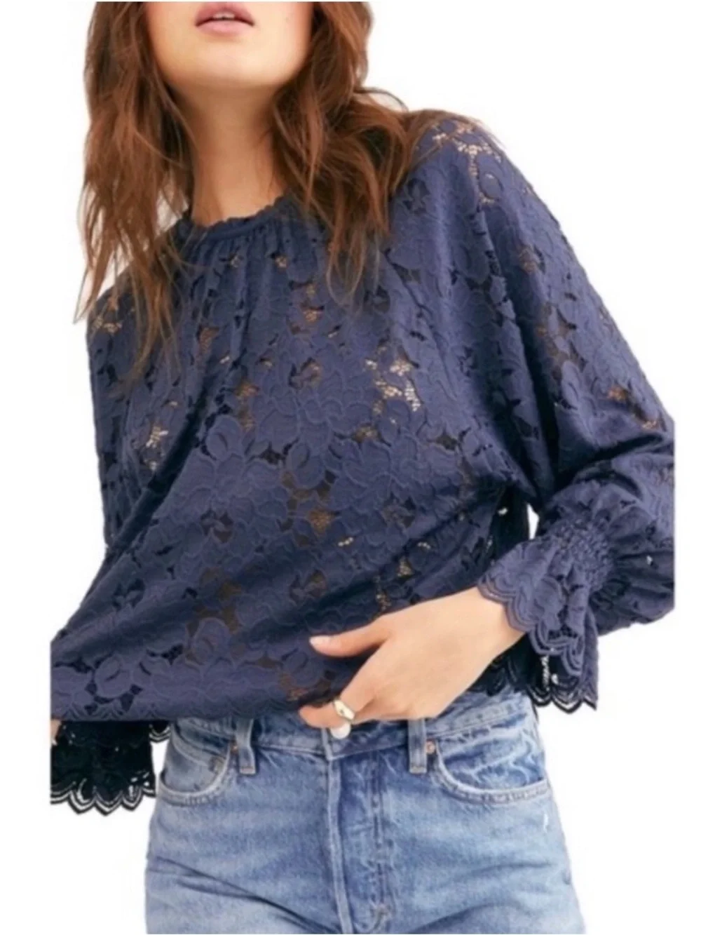 Free People Olivia Lace Tee Balloon Sleeve Blouse Blue Small boho romantic